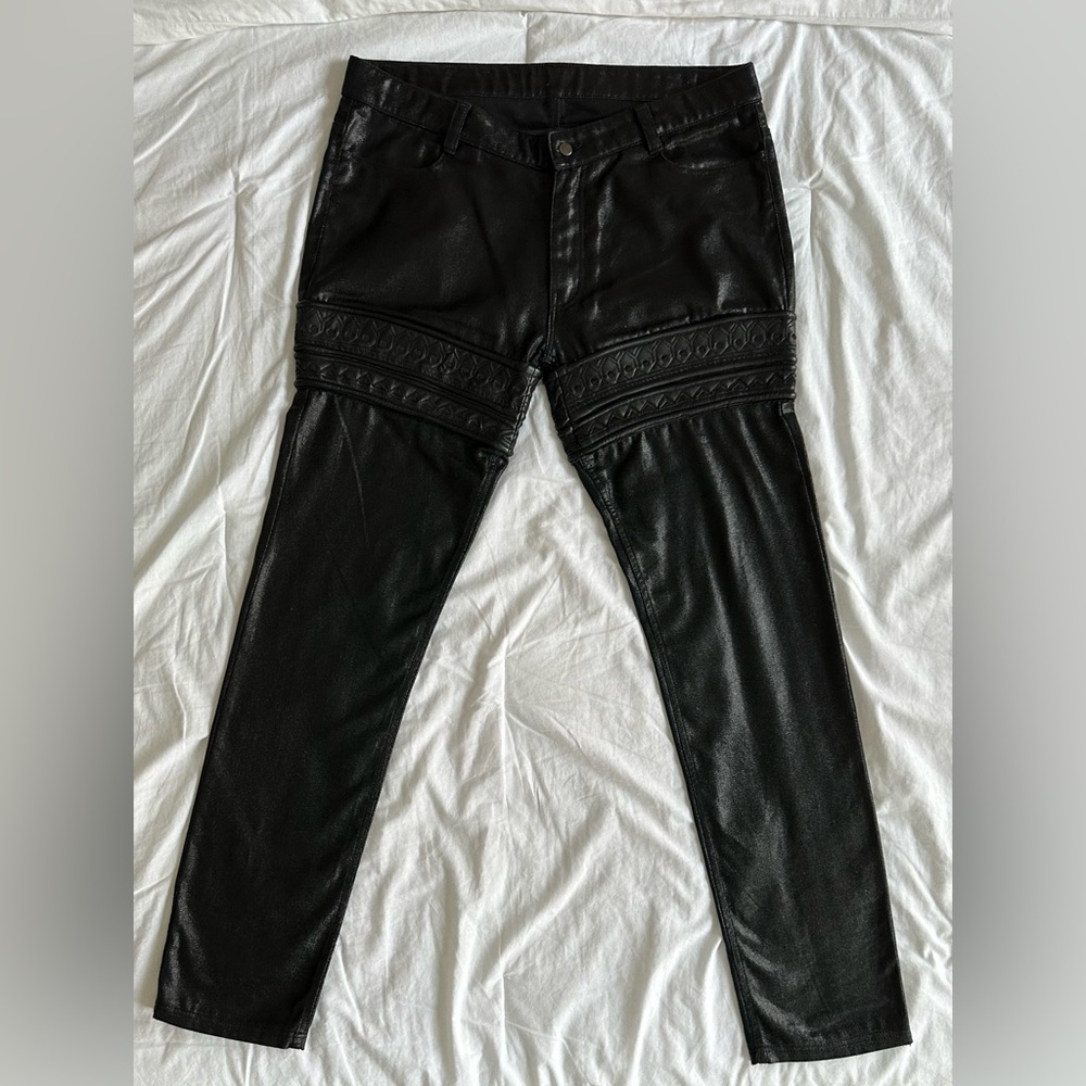 EUC Boutique Black Shiny Faux Leather Details Accents Unique Designer Pants XL